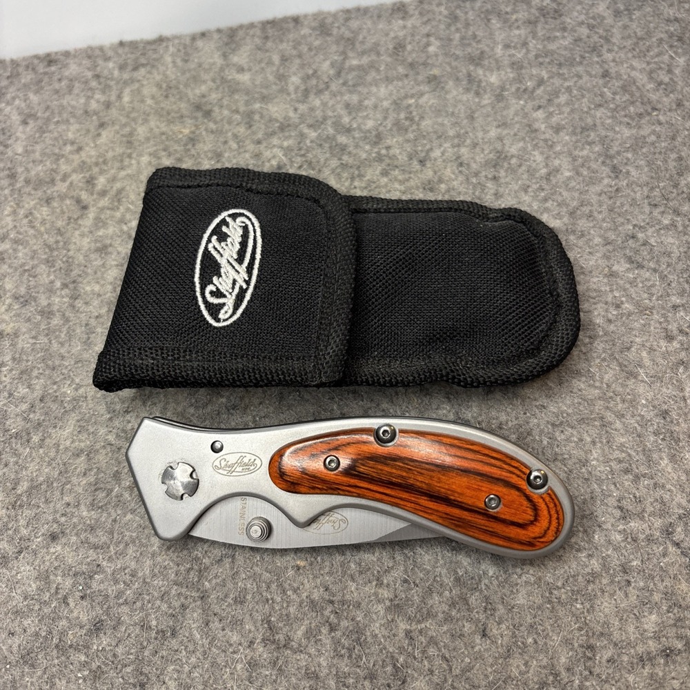 Sheffield Tactical Knife Brushed Finish Pocket Clip Liner Lock Wood Handle Pouch - Picture 3 of 5